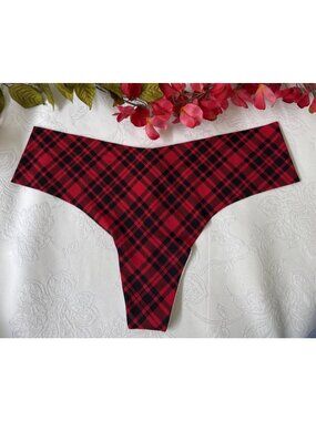 VICTORIA'S SECRET L SILKY RED BLACK PLAID THONG WIDE STRING SEAMLESS PANTIES NWT